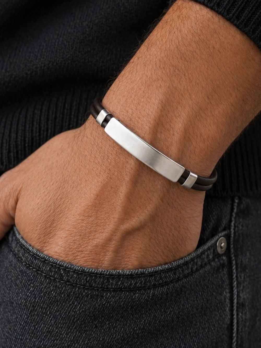 Sterling silver Men's Bracelet Black Adjustable Rubber Open Bangle